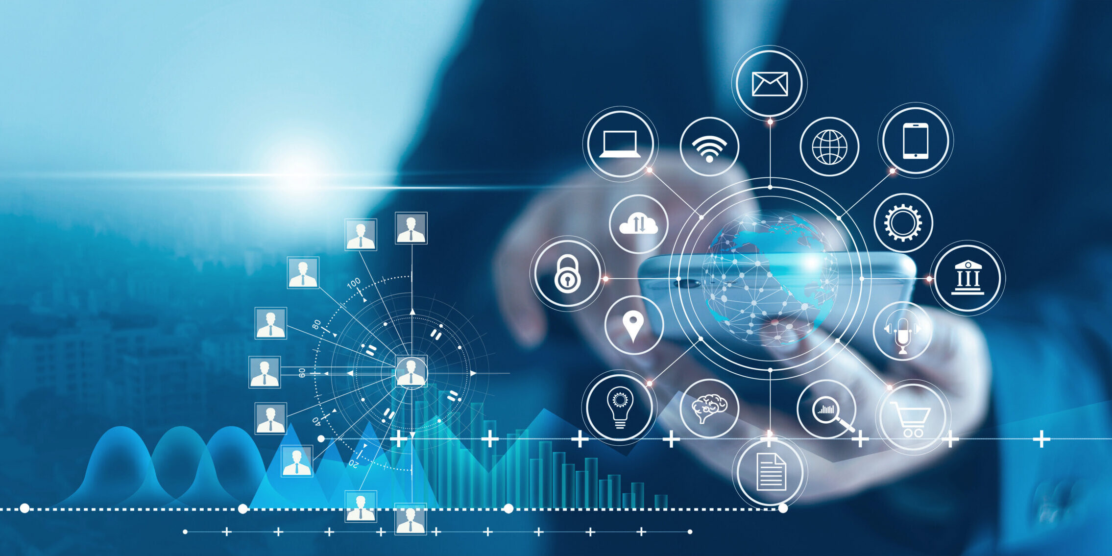 Businessman using mobile smartphone and icon network connection