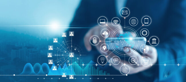 Businessman using mobile smartphone and icon network connection