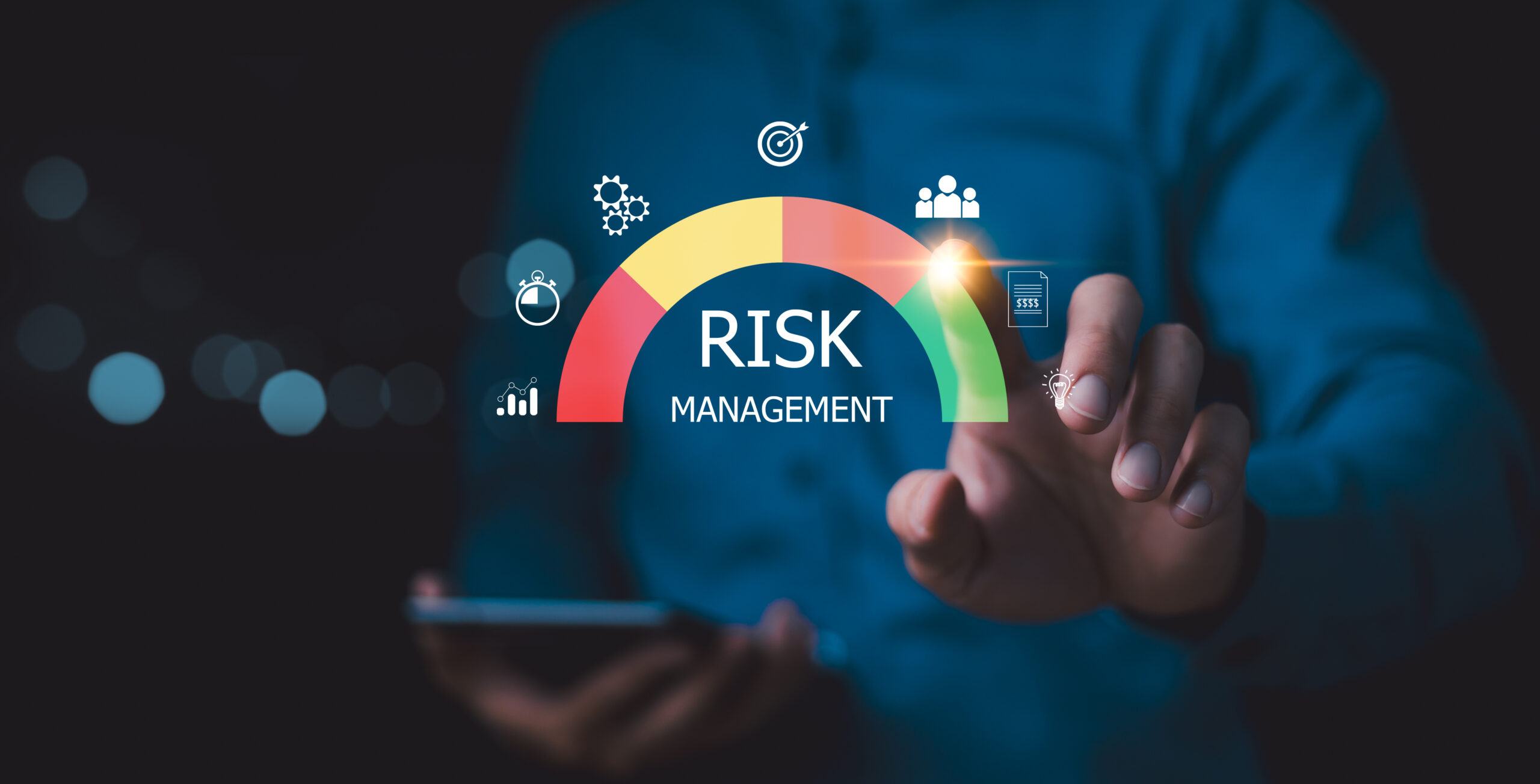 Risk management strategy concept Businessman Analyzing Risk touchscreen display risk meter risk management interface with critical strategy Risky business risk management control and strategy - Technovation