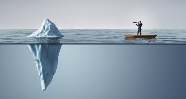 Businessman on a boat looking at an iceberg with a telescope, symbolizing hidden risks and challenges in business strategy.