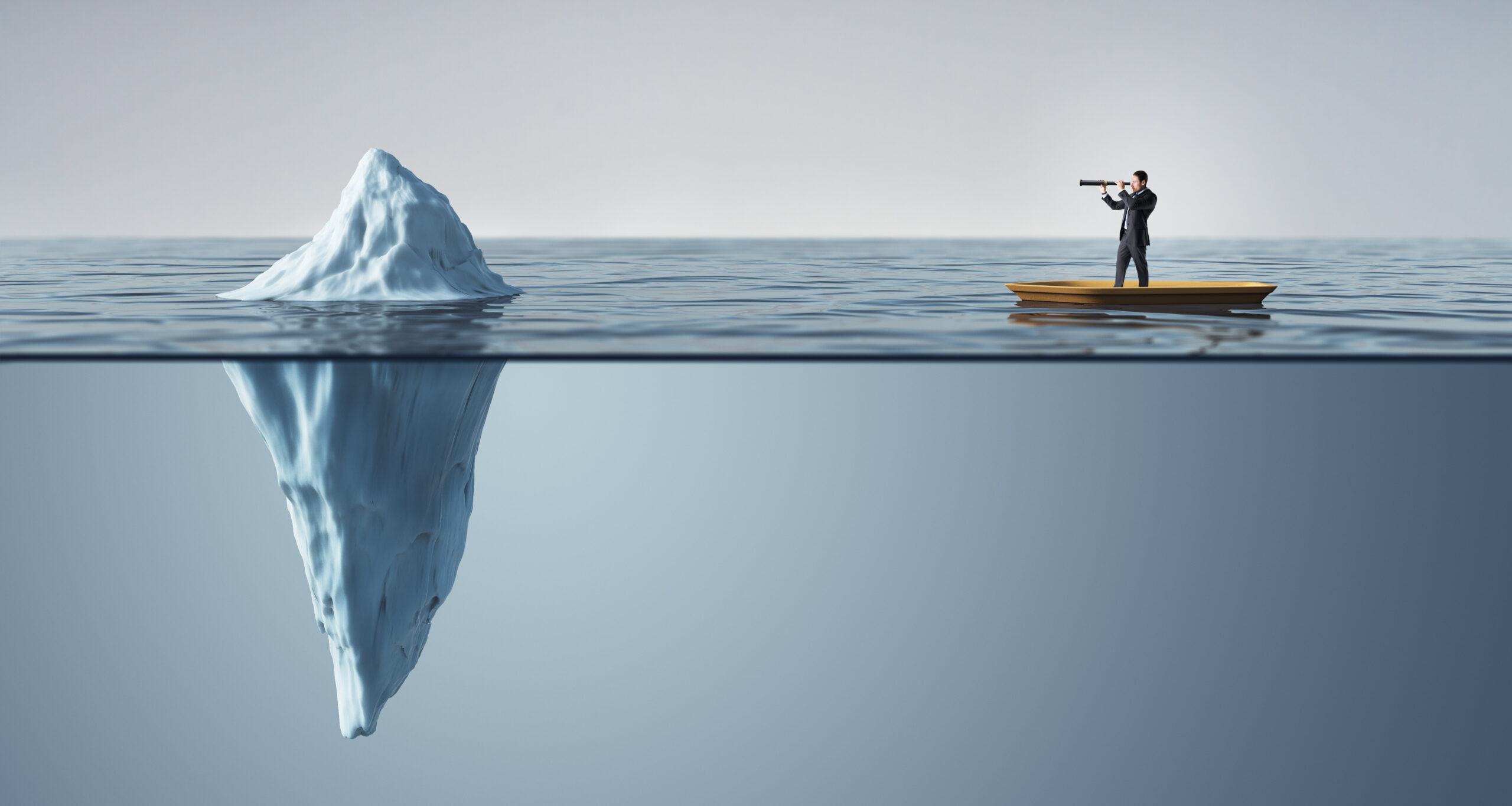Businessman on a boat looking at an iceberg with a telescope, symbolizing hidden risks and challenges in business strategy. - Technovation