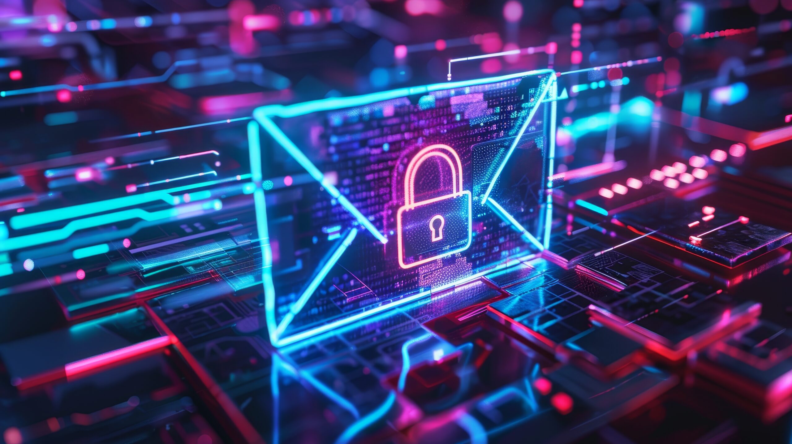 Neon lit cyber security concept encrypted email symbolized by padlock on digital network - Technovation