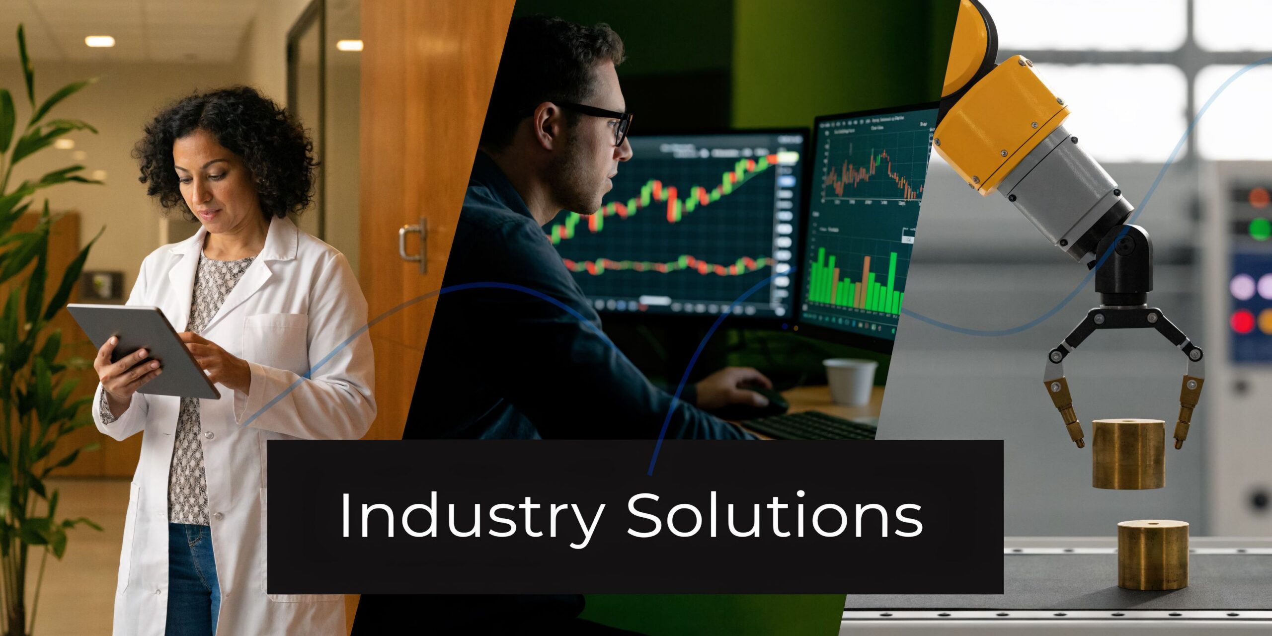 A professional split-screen image highlighting diverse industry sectors like healthcare, finance, and industrial automation robotics technology.