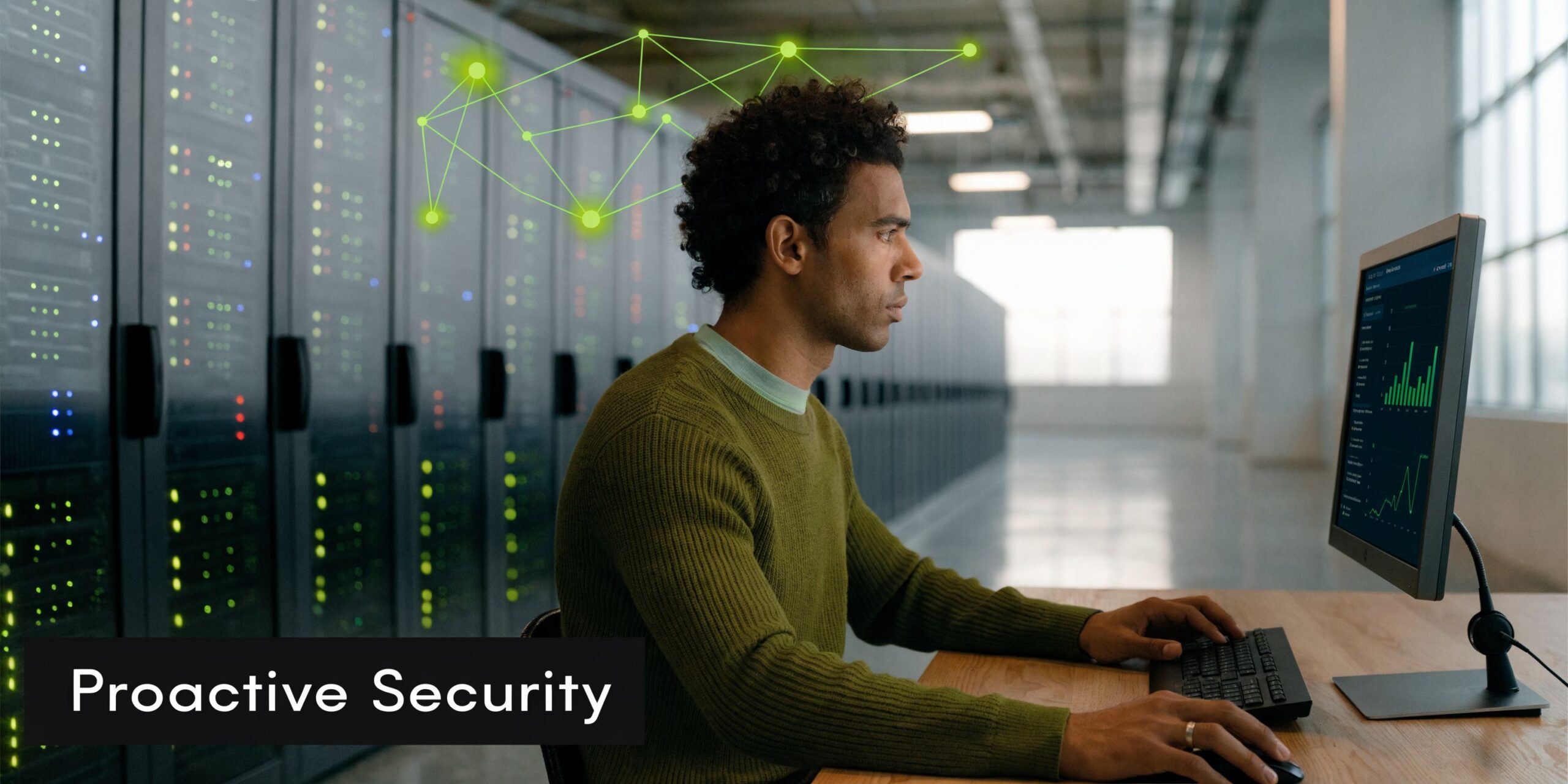 A professional IT technician monitoring server network security while working at a desk in a data center.