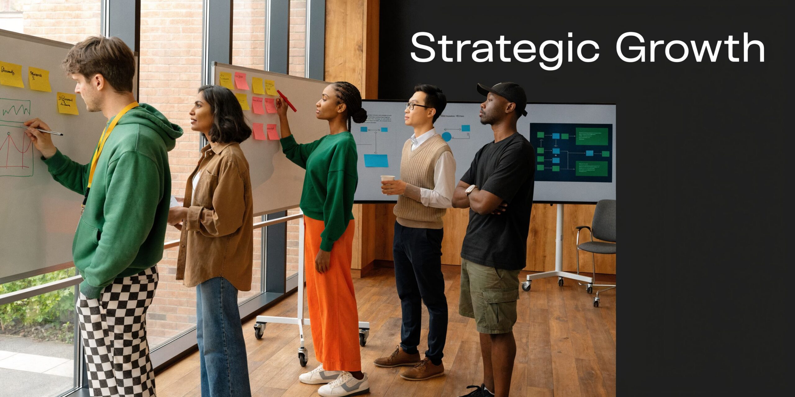 A diverse team of professionals collaboratively working on business strategy and brainstorming ideas at an office whiteboard.
