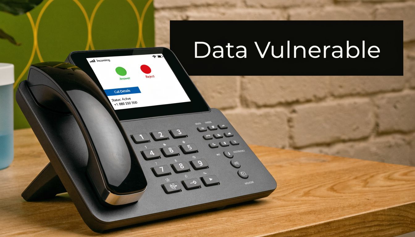 A modern VoIP office desk phone sits on a wooden table with an incoming call displayed.