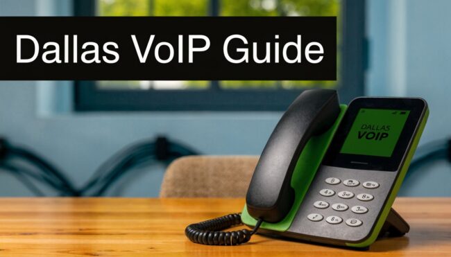 Desk phone on a wooden table with a large black banner reading 'Dallas VoIP Guide'.