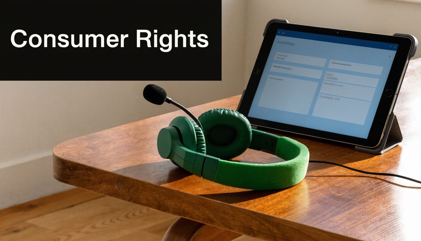 A tablet and green headset resting on a wooden desk with Consumer Rights text overlaid.