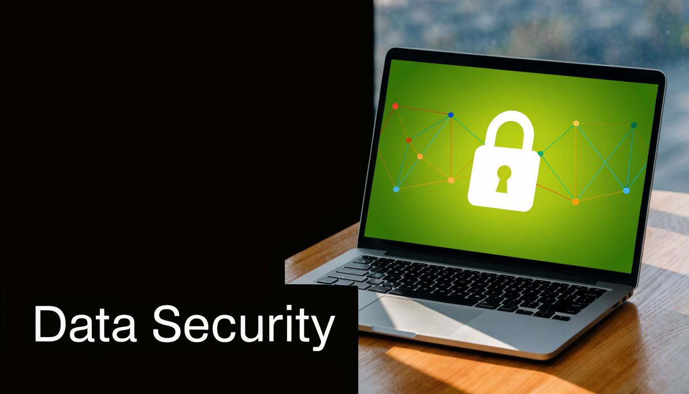 A laptop on a desk showing a digital padlock icon, representing concepts of data security and protection.