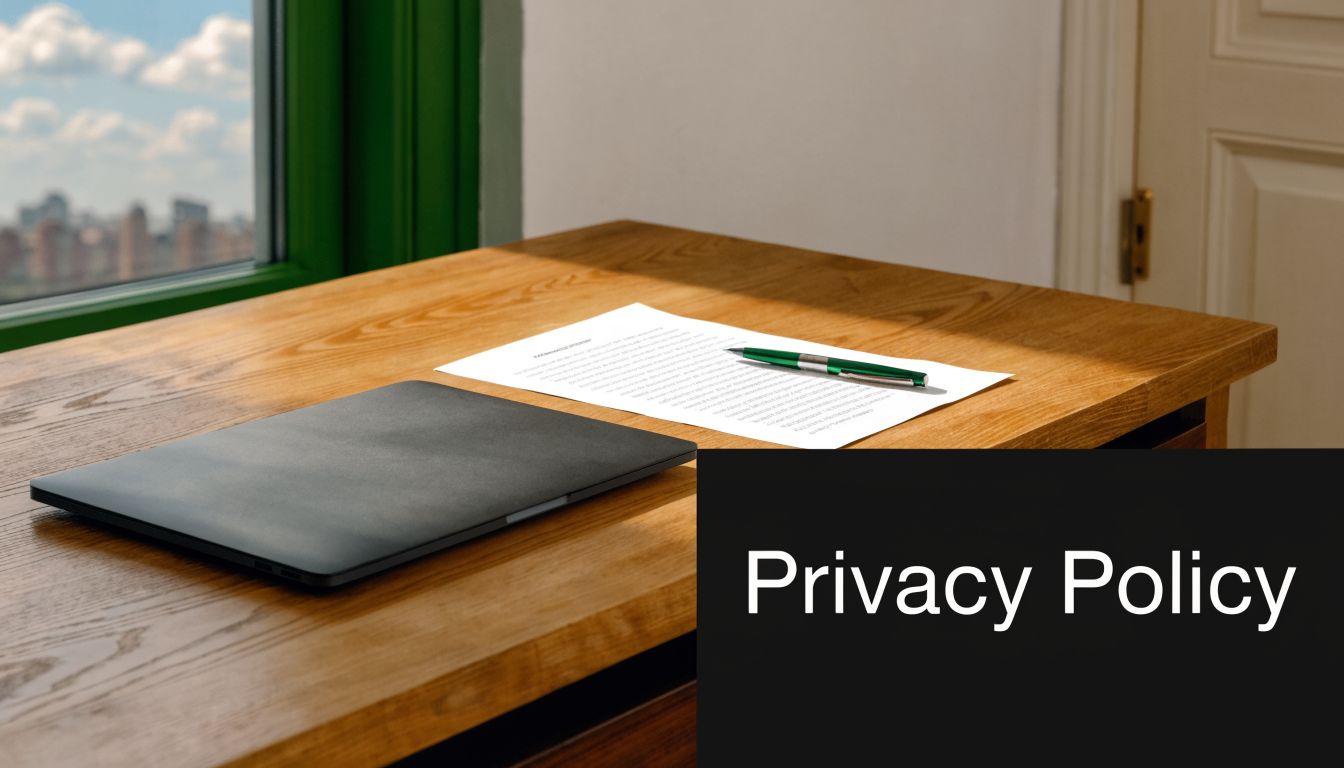 A sleek laptop and a signed document on a wooden desk near a window, representing privacy policy.
