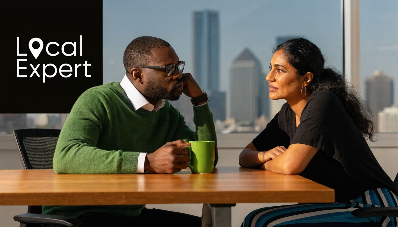 A professional man and woman having a conversation over coffee in a high-rise office with city views.