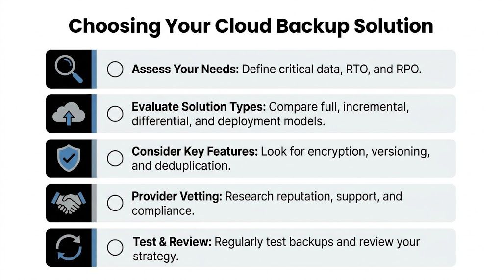 A five-step checklist for choosing a cloud backup solution, detailing essential assessment and evaluation criteria.