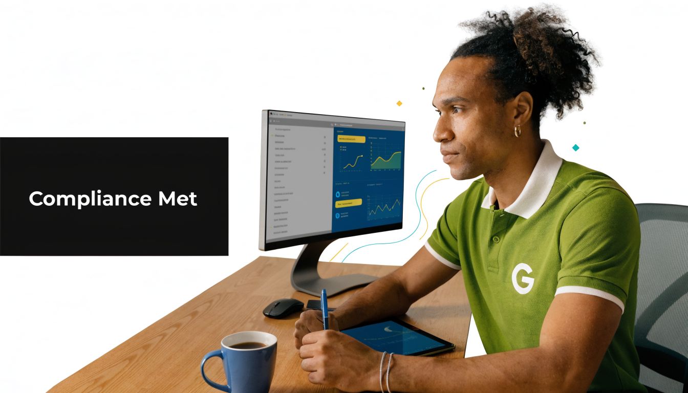 A professional man in a green shirt working at a desk with a computer displaying data analytics.