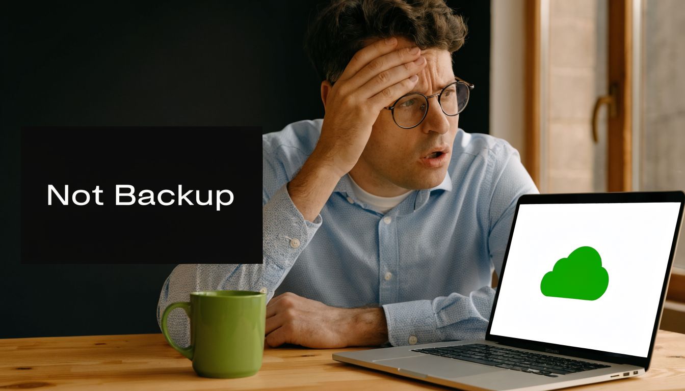 A concerned man looking at his laptop screen with a green cloud icon, indicating data loss issues.