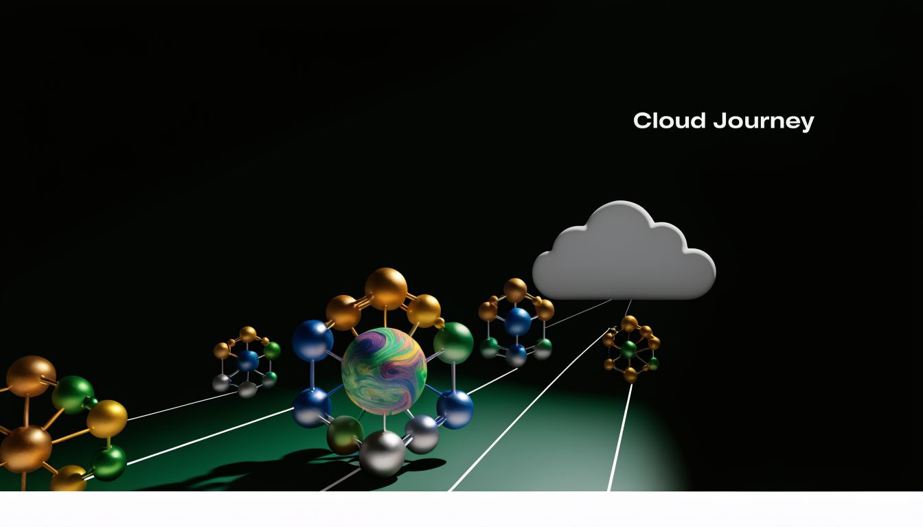 A 3D visualization showing stylized molecular structures connecting towards a digital cloud symbol on a dark background.