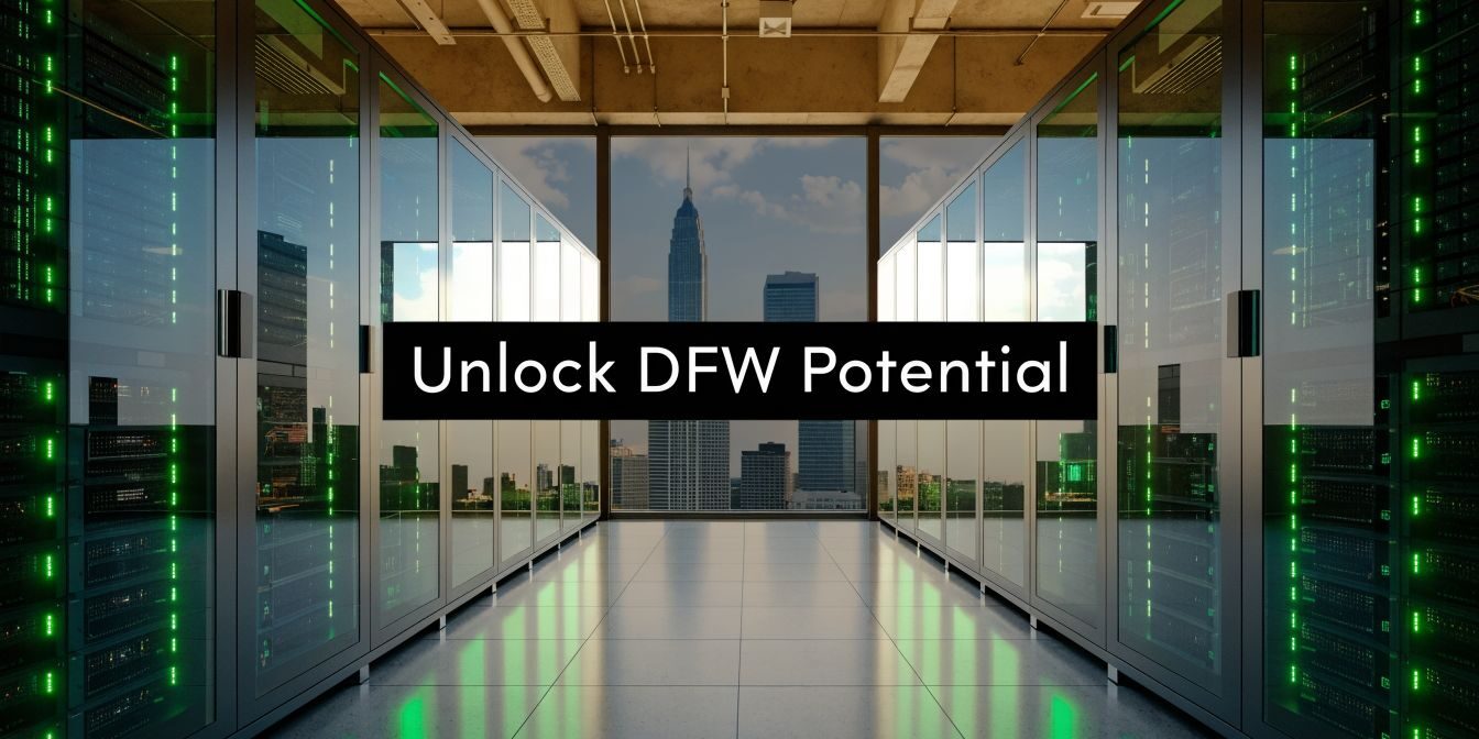 Data center aisle with glass server racks, green LED lights, and a Dallas skyline seen through large windows; banner reads 'Unlock DFW Potential'.