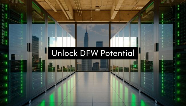 Data center aisle with glass server racks, green LED lights, and a Dallas skyline seen through large windows; banner reads 'Unlock DFW Potential'.