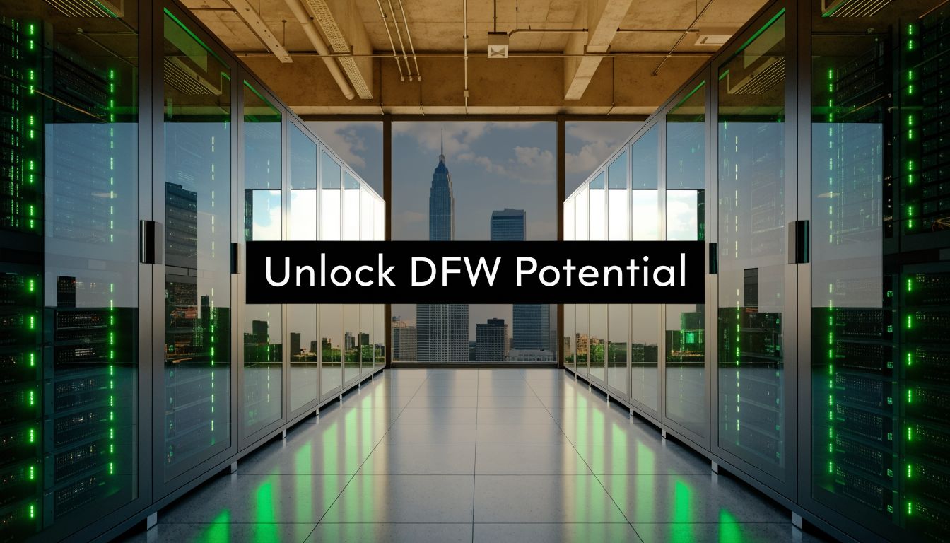 Data center aisle with glass server racks, green LED lights, and a Dallas skyline seen through large windows; banner reads 'Unlock DFW Potential'.