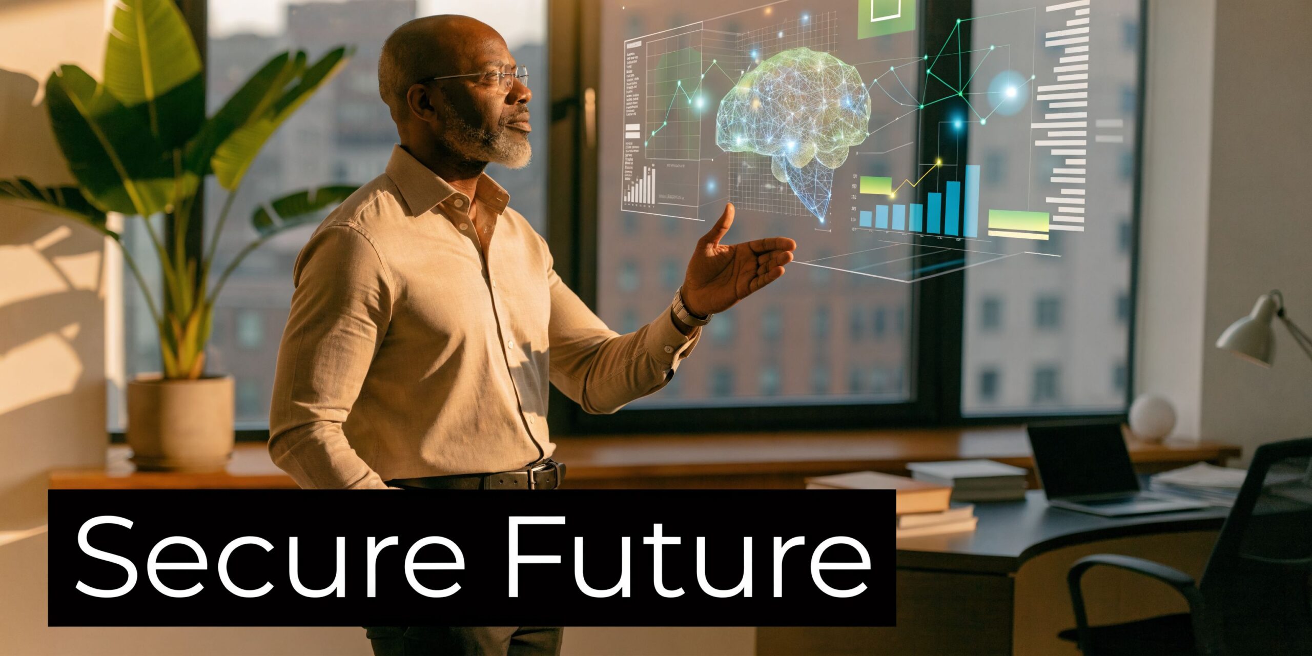 A professional man gesturing towards a glowing digital brain interface representing advanced cybersecurity technology in an office.