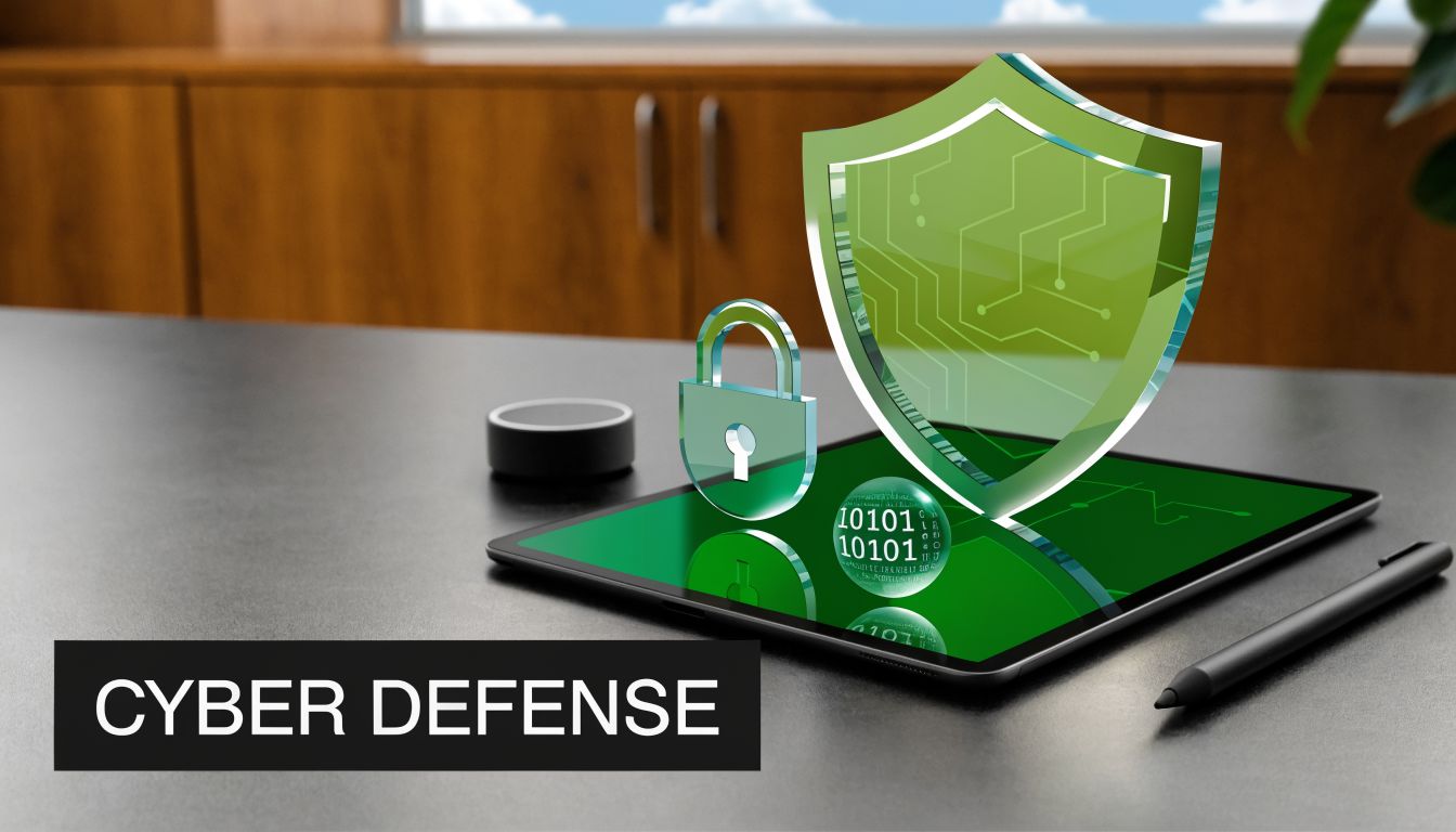 A digital shield, padlock, and binary data globe floating above a tablet, representing cybersecurity threat management.