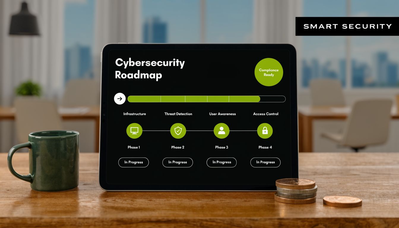 A digital tablet displaying a cybersecurity roadmap with four phases shown on a wooden office desk.