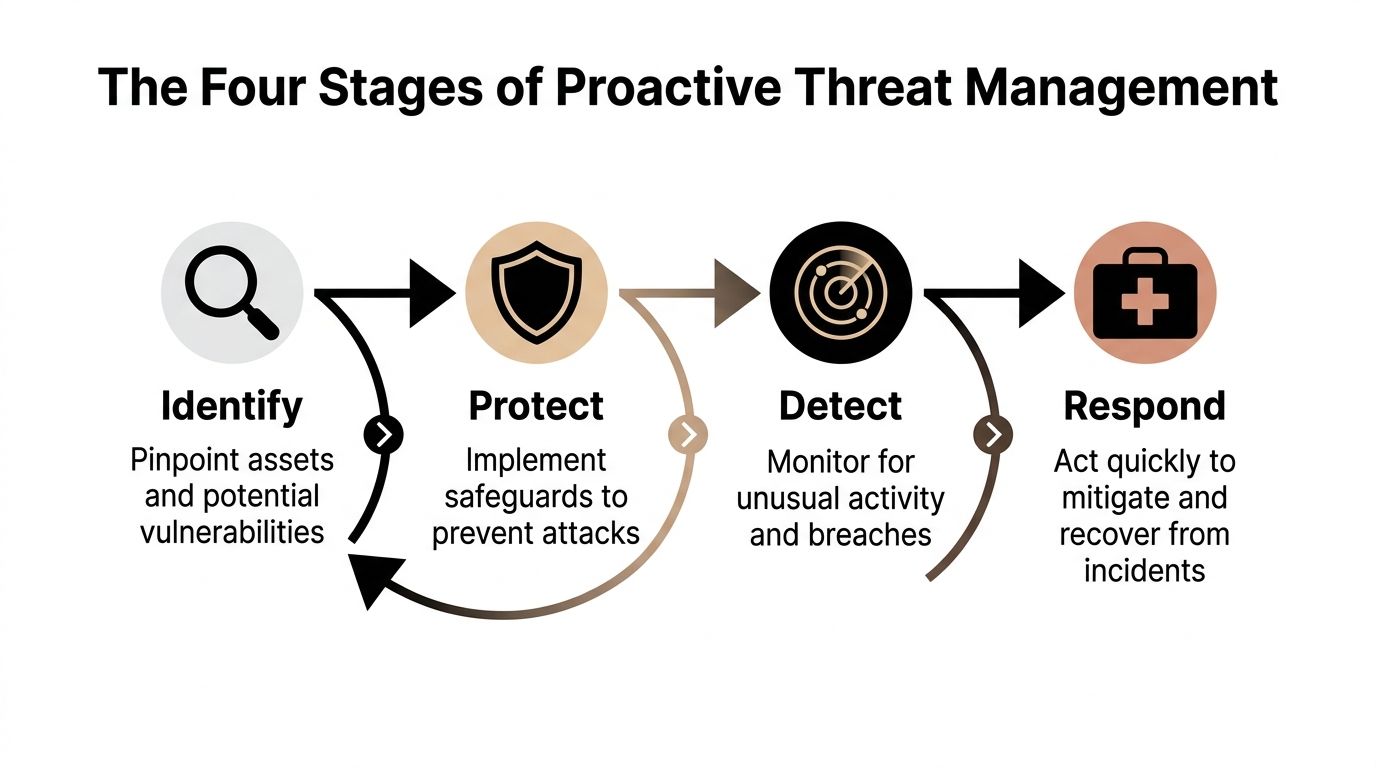 A diagram illustrating the four stages of proactive threat management: identify, protect, detect, and respond.