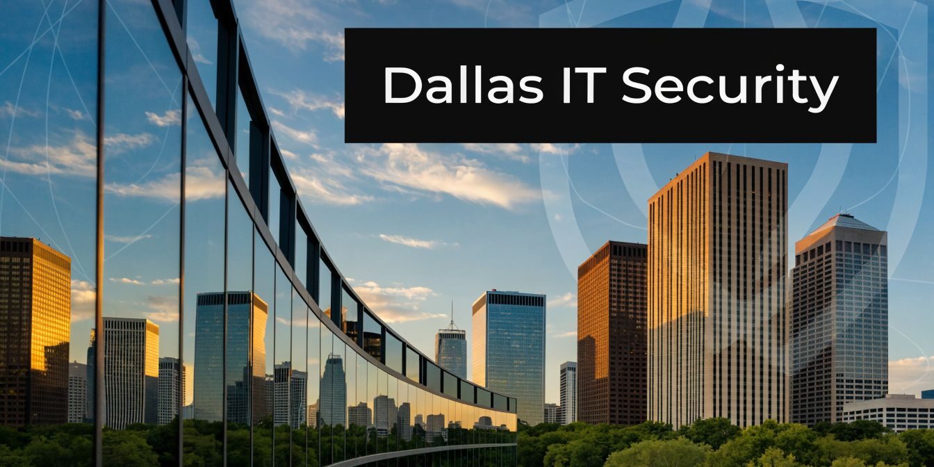 Dallas skyline with glass buildings at sunset and a bold black banner that says 'Dallas IT Security'.