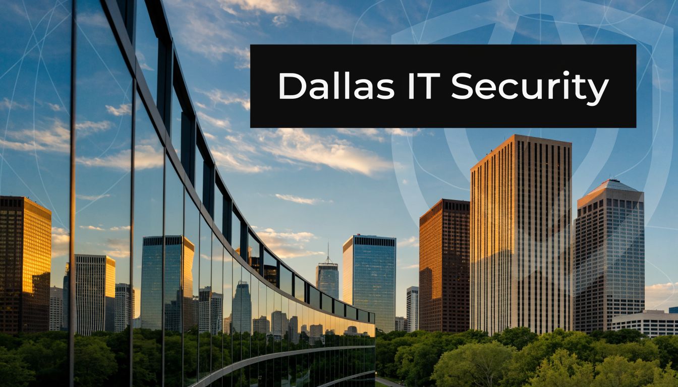 Dallas skyline with glass buildings at sunset and a bold black banner that says 'Dallas IT Security'.