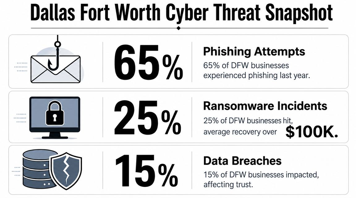 An infographic showing cyber threat statistics including phishing attempts, ransomware incidents, and data breaches for DFW businesses.