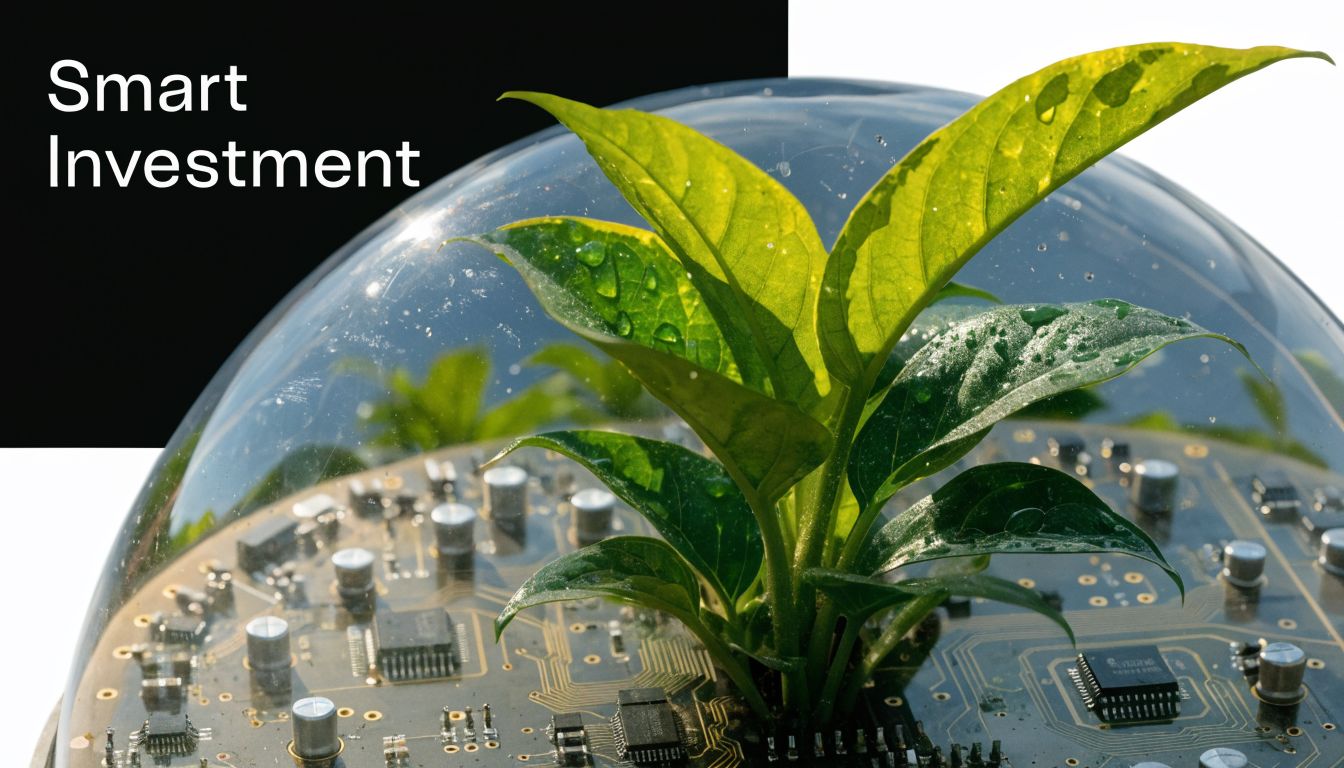 A green plant growing from a circuit board inside a glass dome representing sustainable technology.
