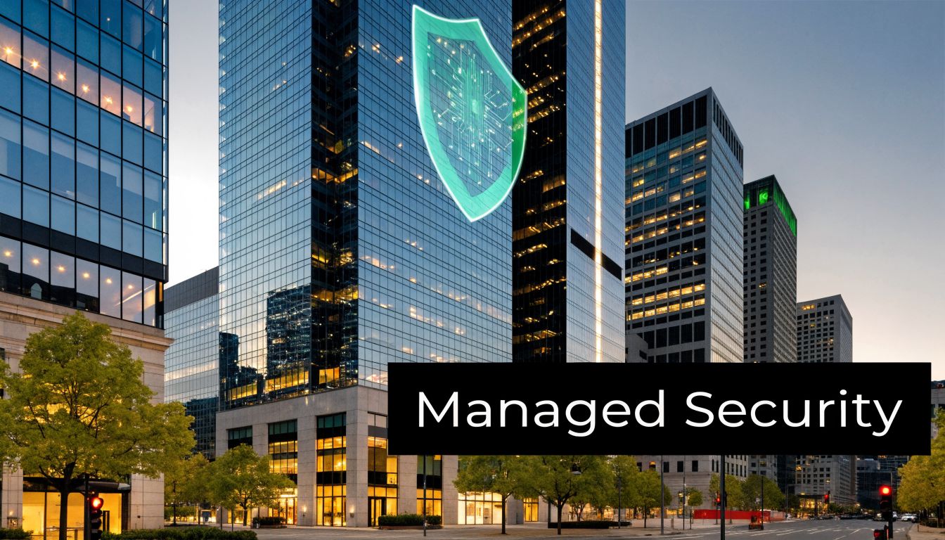 A modern glass skyscraper in an urban city center with a glowing digital shield graphic overlay.