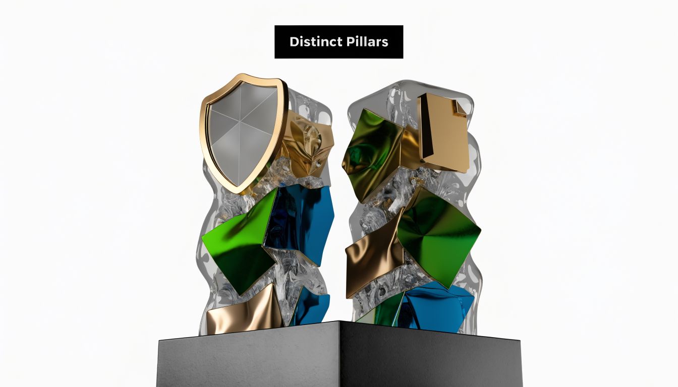 Two abstract crystalline pillars featuring geometric metallic symbols representing data security and organizational compliance concepts.
