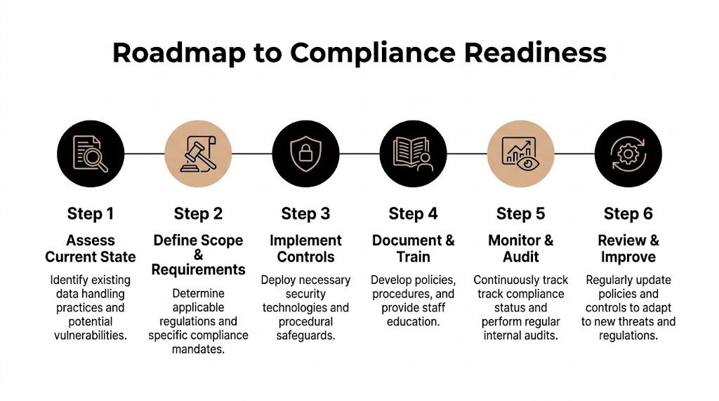 A six-step roadmap diagram illustrating the process to achieve data security and regulatory compliance readiness.