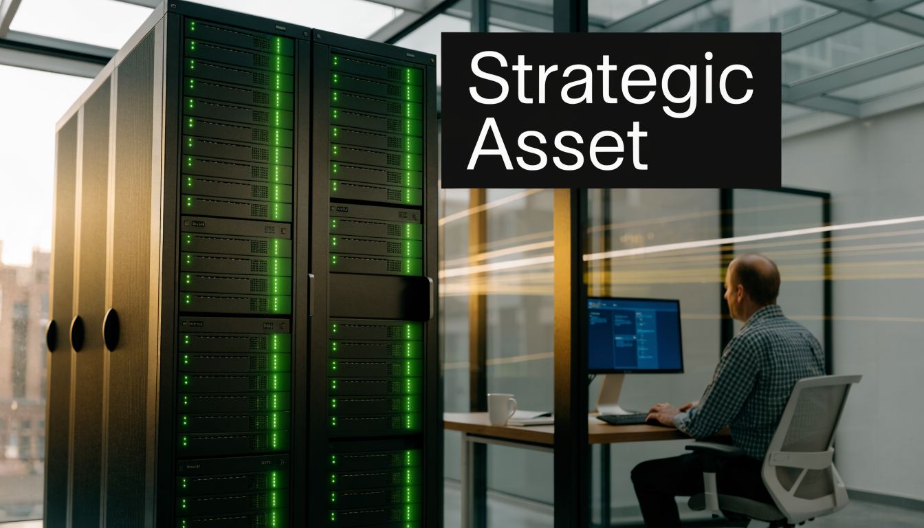 A professional working on a computer in a modern office with a server rack in foreground.