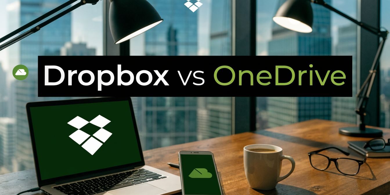 Banner comparing Dropbox vs OneDrive on a wooden desk with laptop, phone, coffee mug and glasses in a city office setting.