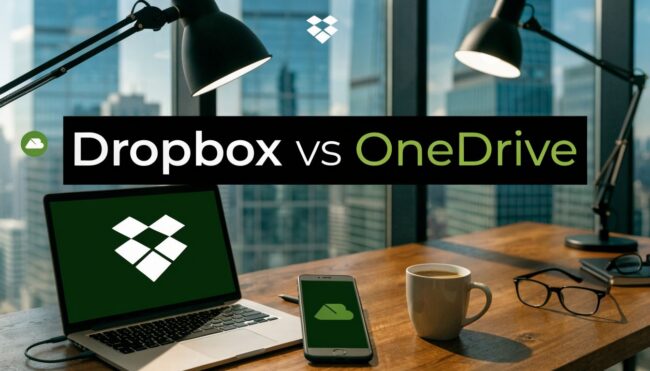 Banner comparing Dropbox vs OneDrive on a wooden desk with laptop, phone, coffee mug and glasses in a city office setting.