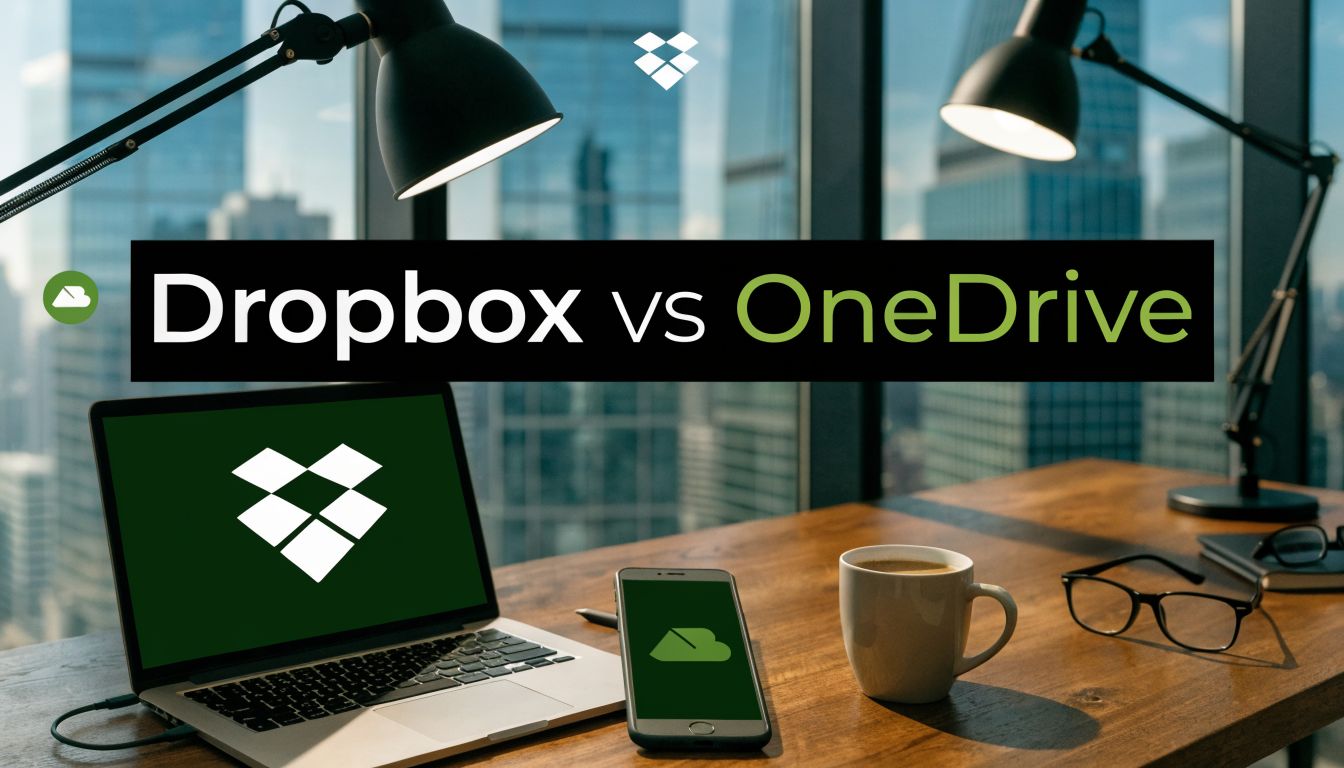 Banner comparing Dropbox vs OneDrive on a wooden desk with laptop, phone, coffee mug and glasses in a city office setting.