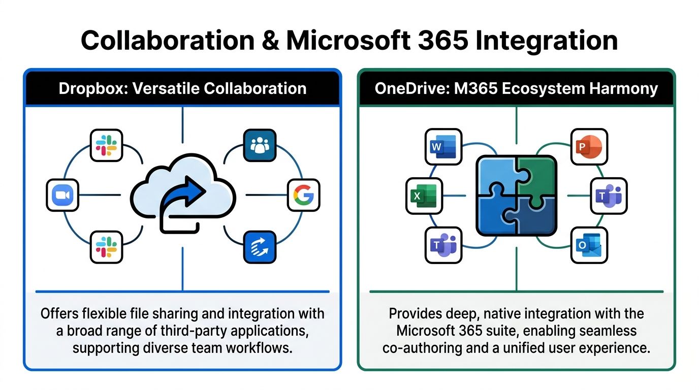A comparison chart showing how Dropbox integrates with third-party tools while OneDrive focuses on Microsoft 365 synergy.