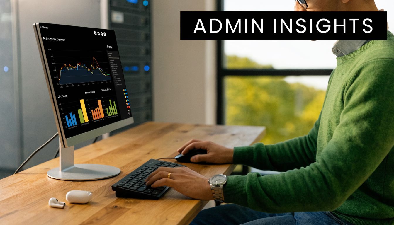A professional analyzing server performance metrics on a computer screen in a modern data center office setting.