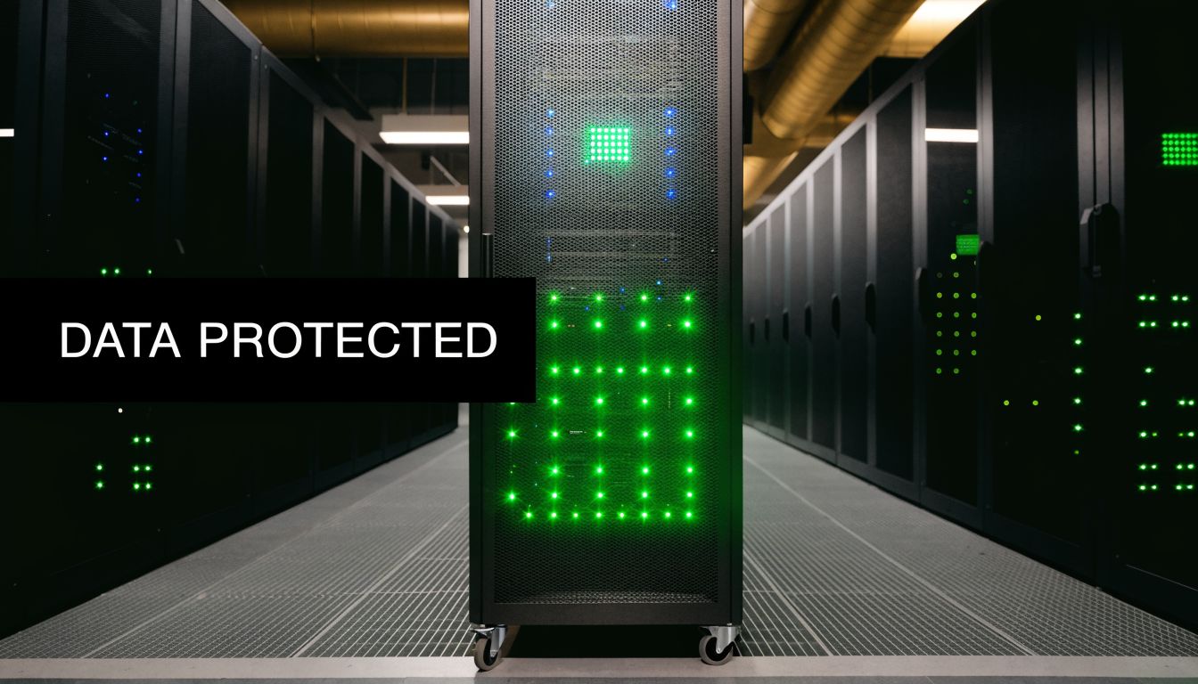 A server room with a central rack showing green LED status lights indicating data protection and security.