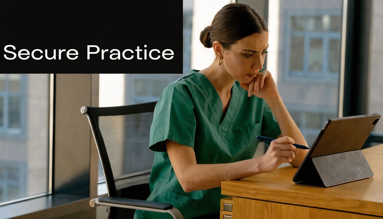 A focused healthcare professional in green scrubs working on a digital tablet at a modern desk.