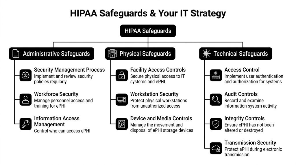 A diagram outlining the three types of HIPAA safeguards: administrative, physical, and technical, for IT strategy compliance.
