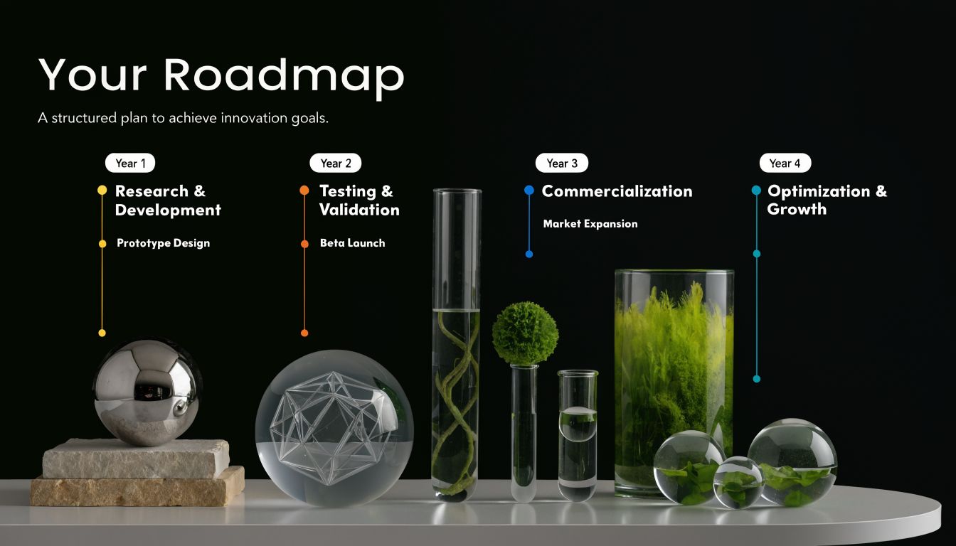 A professional roadmap infographic showing four stages of innovation growth from research to market expansion and optimization.