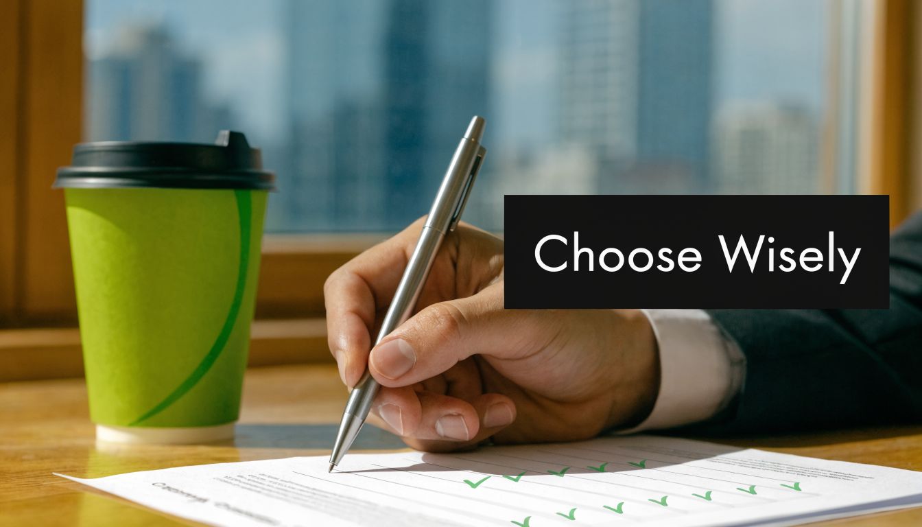 A professional hand holding a metal pen while marking a checklist on a document near coffee.