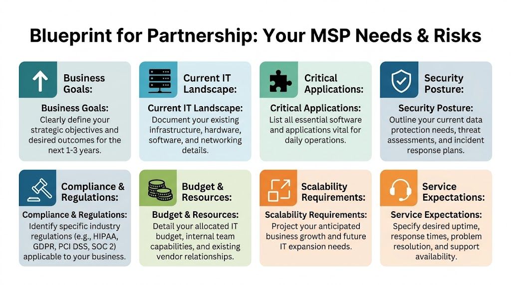 A blueprint infographic outlining the eight key needs and risks when partnering with a managed service provider.
