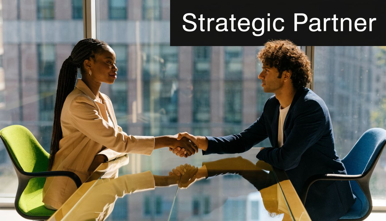 A professional woman and a man shaking hands across a glass table in a modern office.