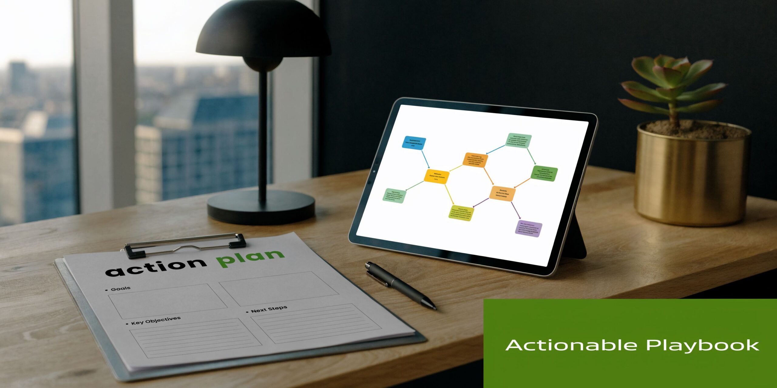 A modern workspace featuring a tablet displaying an action plan flowchart next to a paper action plan template.