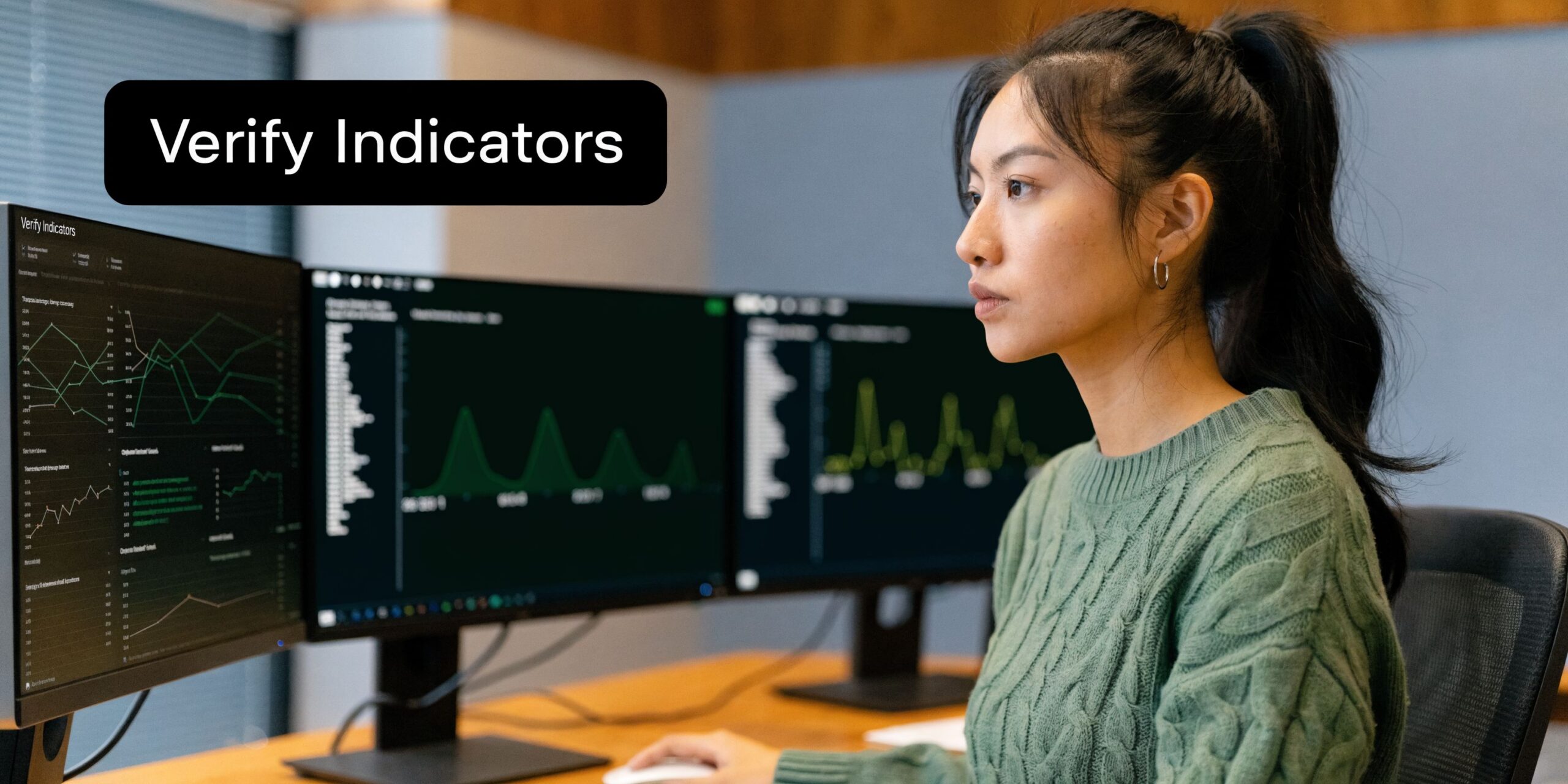 A female cybersecurity analyst reviewing complex data charts and network security metrics on multiple computer monitors.