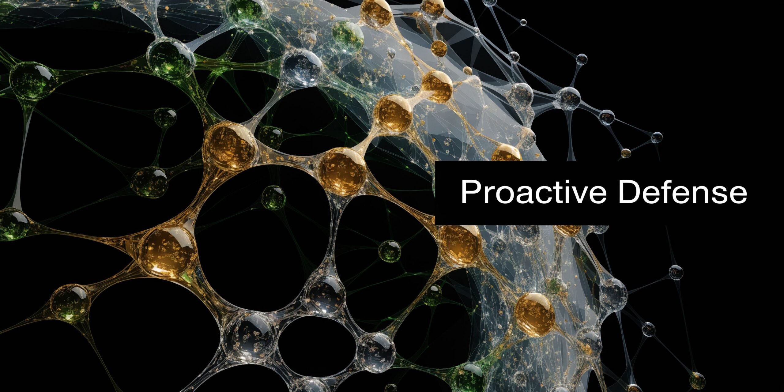 A digital representation of interconnected network nodes featuring glass spheres in shades of green, gold, and white.
