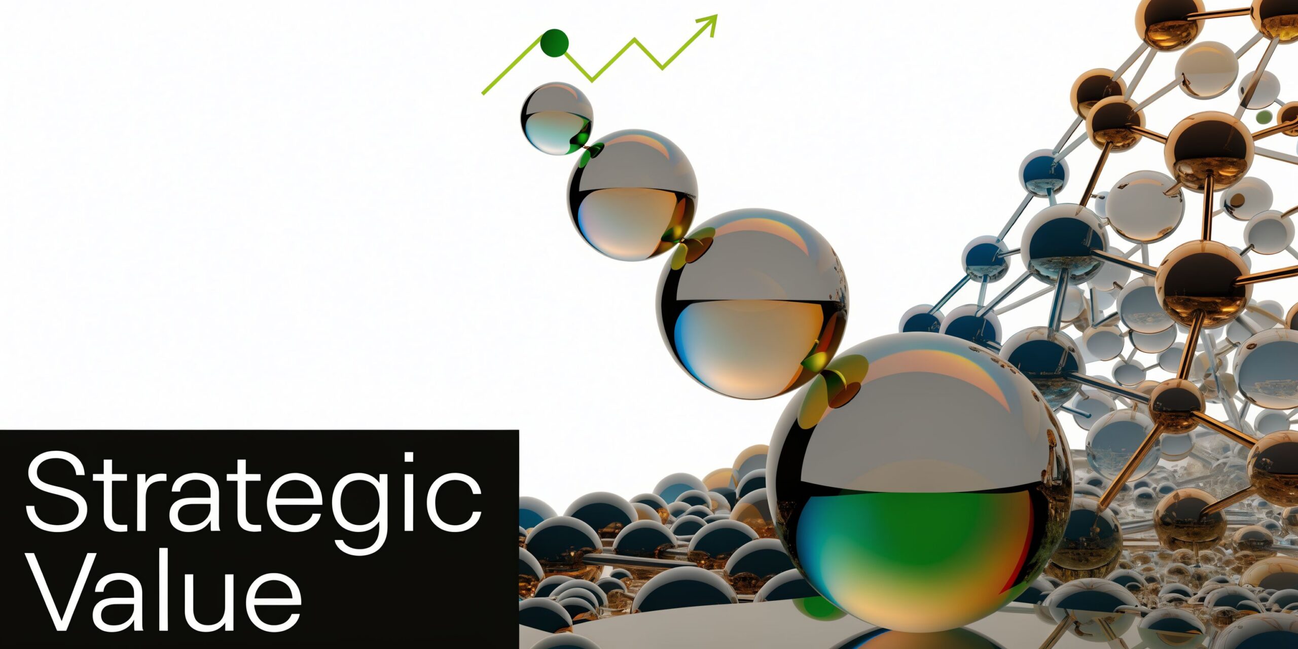 A conceptual graphic depicting spheres arranged in a rising graph format alongside a complex molecular structure.